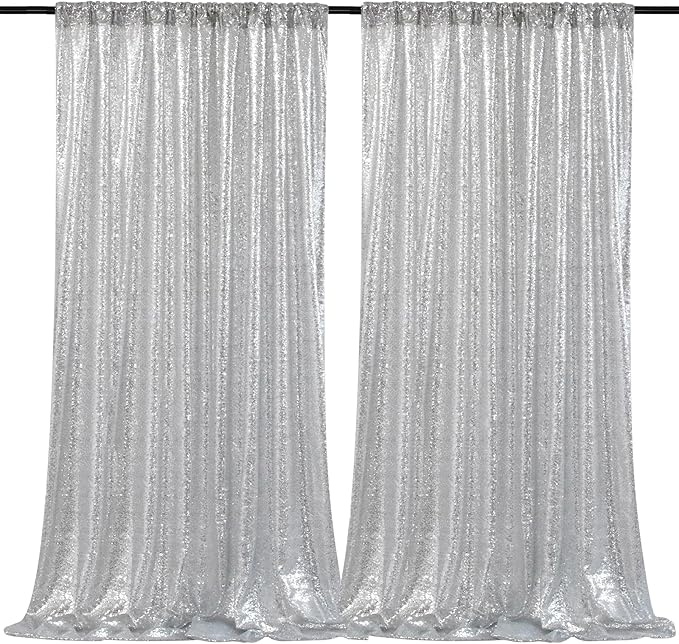 B-COOL Silver Sequin Backdrop Curtains 2 Packs Sparkle Backdrop 5ftx8ft Fabric Glitter Photography Drapes for Party Baby Shower Wedding Birthday Decoration