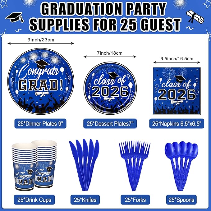 175PCS Graduation Plates and Napkins Set 2026 Graduation Party Supplies Tableware Set Include Paper Plate Napkin Cup Knife Fork Spoon for Grad Party Decor Serve25 (Blue and Black)
