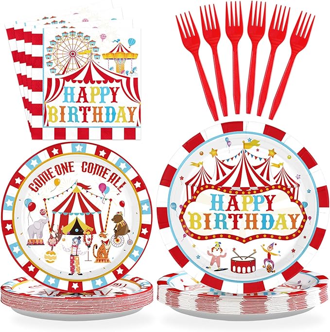 96Pcs Carnival Birthday Party Decorations Christmas Carnival Circus Birthday Plates and Napkins Tableware Sets Circus Theme Decoration Favor for Kids Boy Girls Xmas Bday Baby Shower Supplies Serves 24