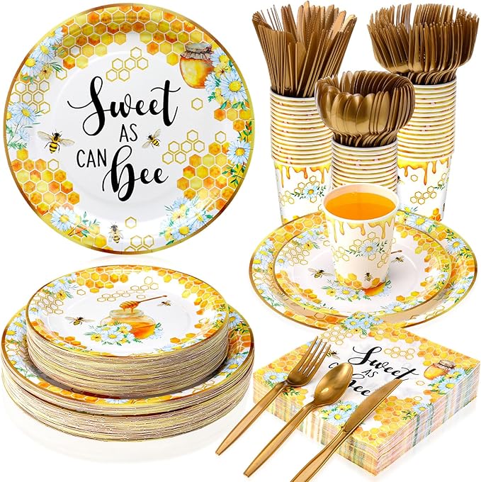 350 Pcs Baby Shower Party Supplies Sweet as Can Bee Paper Plates Napkins Cups and Plastic Cutlery Party Tableware Set for Honey Baby Shower Birthday Decorations, Serves 50