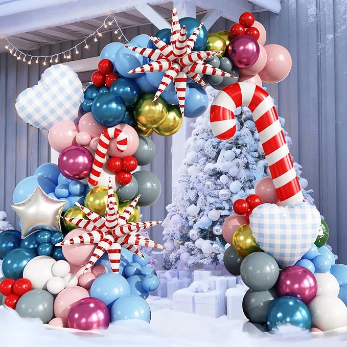 Christmas Balloon Arch, 133Pcs Red Pastel Baby Pink Blue Xmas Winter Wonderland Balloons with Metallic Gold Blue Pink Candy Cane Exploding Star Foil Balloon for Merry Christmas Party Decoration