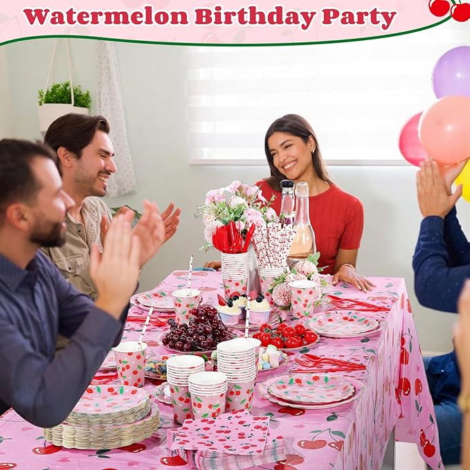 Ceenna 452 Pcs Cherry Birthday Party Supplies for 50 Guest, Summer Fruit Paper Plates Napkins Cups Tablecloth Cutlery Straw Disposable Tableware for Picnic Birthday Baby Bridal Shower Party Decoration