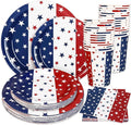 Whaline 96Pcs Patriotic Party Tableware Set with Paper Plate Napkin Cup Red White Blue Star 4th of July Disposable Dinnerware for 24 Guests Independence Day Party Table Decor