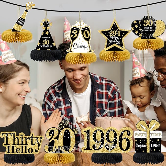 9 Pcs 30th Birthday Decorations Honeycomb Centerpieces for Women Men, Black Gold 1996 Aged to Perfection Vintage Centerpieces for Tables Toppers,Thirty Years Party Decorations Supplies