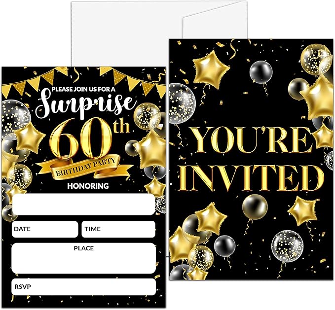 Surprise 60th Birthday Party Invitation, Black and Gold Fill-In Invites For Adult Woman & Man, 20 Invitations With Envelopes(4" x 6"), Party Favors Decorations And Supplies-04