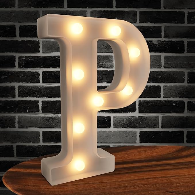 Light Up Letters Marquee, 26 Alphabet Battery Powered LED Lights Sign, White Plastic Night Light for Engagement Party, Wedding, Baby Shower, Birthday, LED Light Up Letters (P)