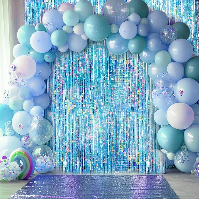 4 Packs Blue Foil Fringe Curtain, Light Blue Glitter Metallic Tinsel Backdrop for Birthday, Wedding, Baby Shower, Bachelorette, Ocean, Princess Party Decorations Supplies