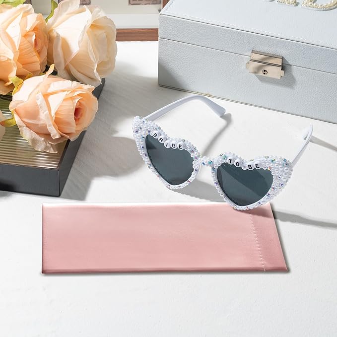 PANTIDE Bride To Be Sunglasses - Rhinestone Pearl Heart Shaped Sunglasses, Bachelorette Party Engagement Gift