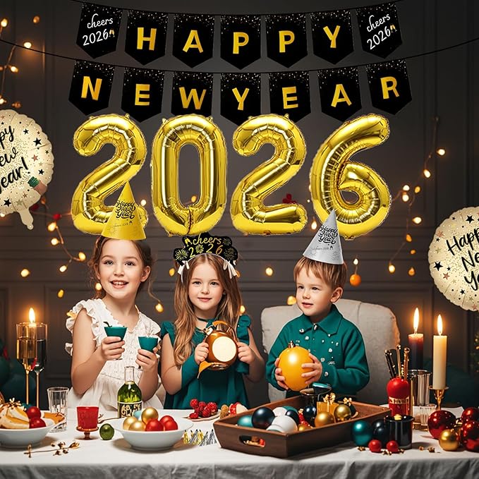 New Years Eve Party Supplies 2026-73 PCS Happy New Years Decorations-Party Favors Includes Hats, Banner, Glasses, Tiaras, Squawkers Blowers, Balloons, Fringe Curtain Accessories Nye Decorations 2026