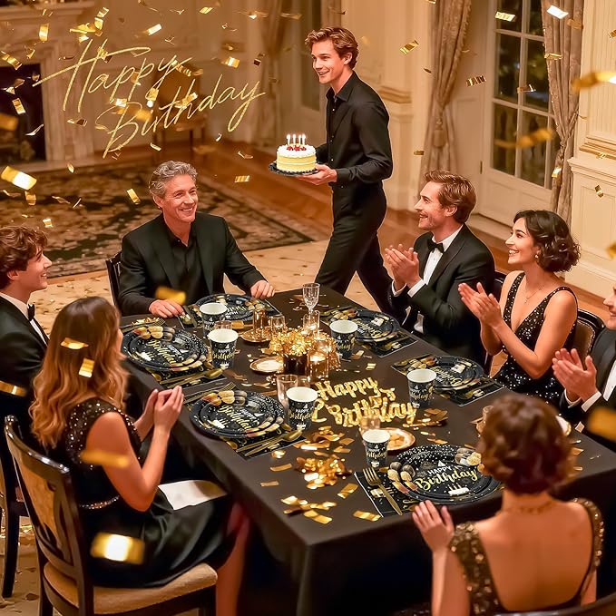 Black and Gold Happy Birthday Party Plates Set, 168PCS Balloons Cake Fireworks Paper Plates Napkins Cups and Gold Cutlery Set, 24 Set Disposable Tableware Set for Birthday Party Decorations
