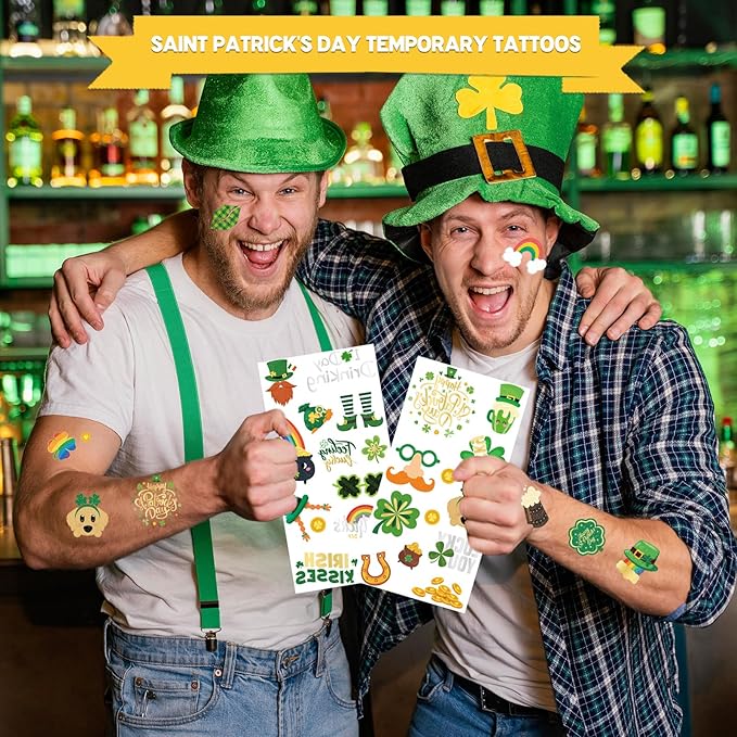 Xzentira 91pcs St. Patrick's Day Glitter Temporary Tattoos, Shamrock Face Tattoos Clover Body Stickers for Irish Party Favors, Lucky Saint Patricks Day Accessories for Parades & Holiday Decorations