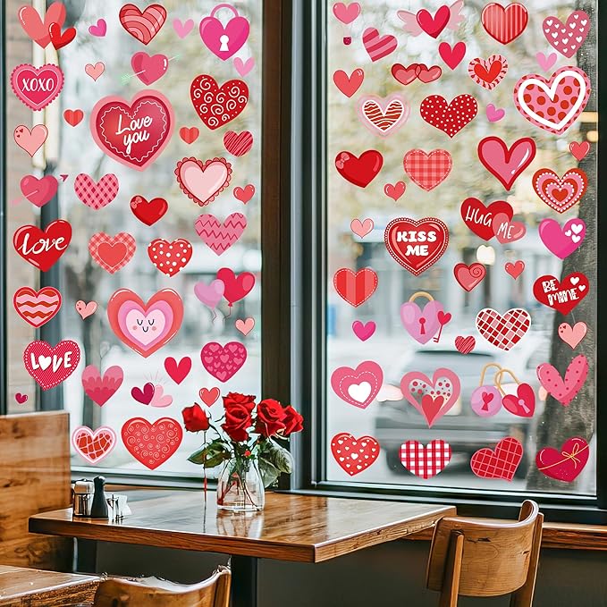 80PCS Valentines Window Clings, 4 Sheets Valentines Home Decor, 13.7 × 9.8 Inches Heart Window Clings Double-Sided Heart Stickers for Classroom, Wedding Romantic Decorations