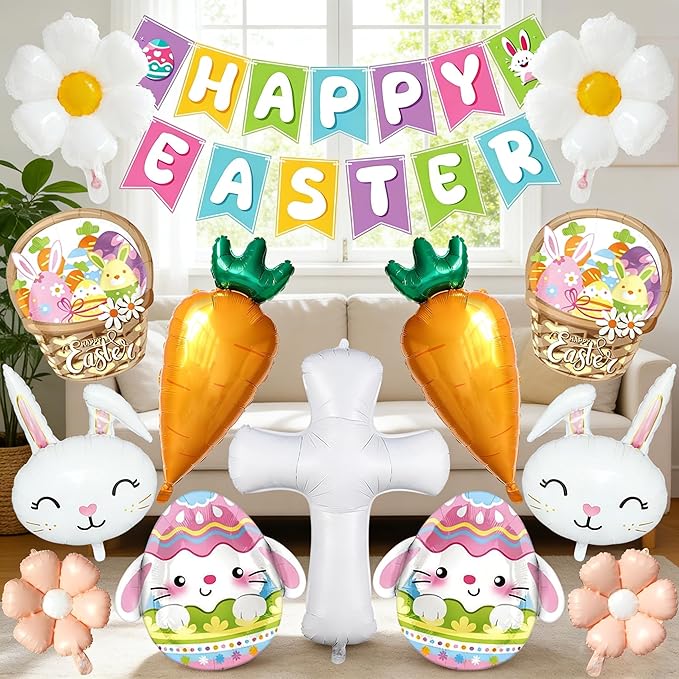 Easter Party Decorations, 16Pcs Happy Easter Banner and Large Easter Foil Balloons Decorations Set, Includes Bunny, Egg, Carrot, Daisy and Crucifix Mylar Balloons for Spring Party Holiday Celebrations
