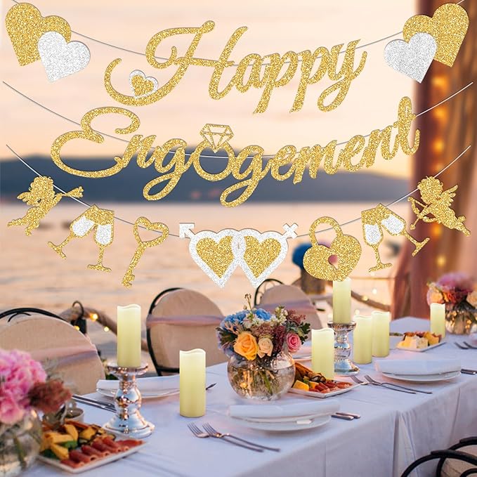 Pre-Strung Glitter Happy Engagement Banner with Heart Garland, Engagement Party Decorations for Congratulations Decorations Engaged Proposal Just Married Decorations Wedding Decor Bridal Shower