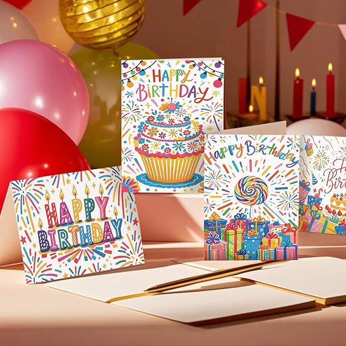 20pcs Birthday Cards, Messages, Envelopes, and Stickers | 4x6 Inch Happy Birthday Cards Bulk for Family, Kids, Friends, Work, and Office Celebrations. (20 Pcs Cards With Firework patterns)