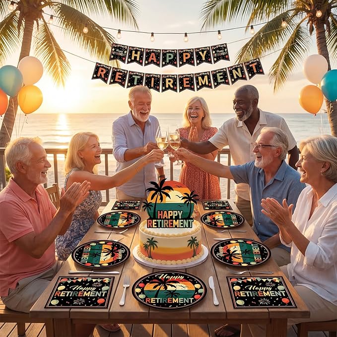 40Pcs Retirement Decorations for Men Women,Colorful Vintage Retirement Party Supplies Table Decor Disposable Retirement Party Plates and Napkins Set for Office Retired Farewell Decor, Serve 20