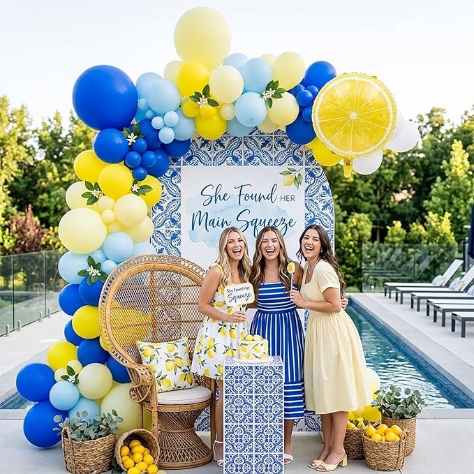 Lemon Royal Blue Yellow Balloon Garland Arch Kit with Lemon Foil Balloons for amalfi last toast on the coast Bachelorette Bridal Shower Decorations Main Squeeze Party Supplies
