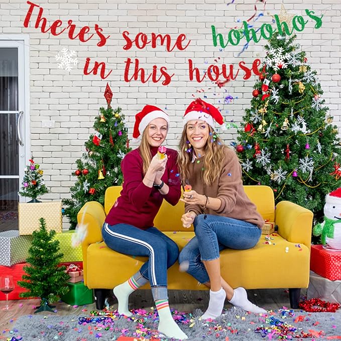 There's Some Ho Ho Hos in This House Banner, Glittery Red Green Christmas Party Decorations Banners Winter Holiday Garland Photo Props Banner for Party Home Office Decorations