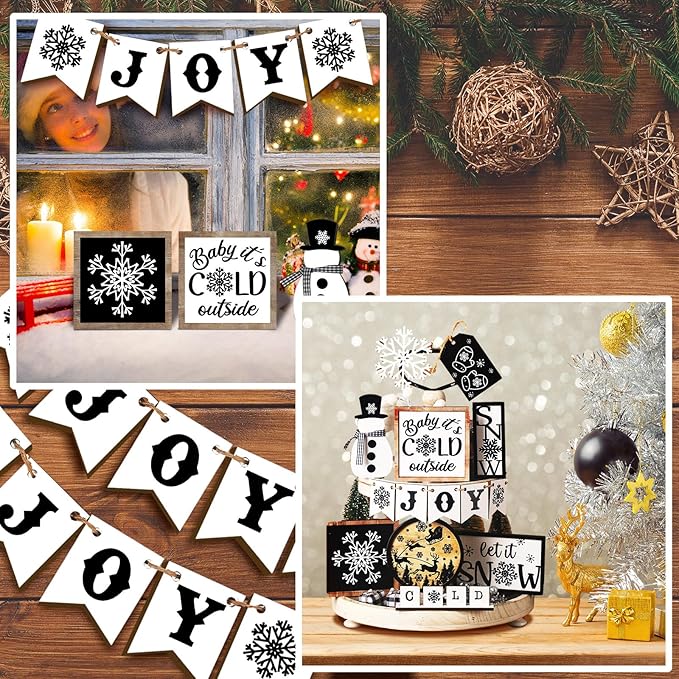Winter Tiered Tray Decor Set Snowman Snowflake Table Decor Christmas Tree Wooden Sign Farmhouse Coffee Spice Blocks Winter Decoration for Christmas Home Table Shelf