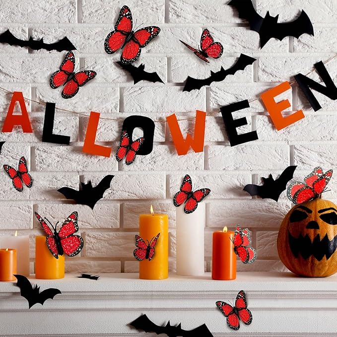 Waydress 24 Pieces Halloween Monarch Butterfly Decorations 3 Size Artificial Monarch Butterflies Wall Decor 3D Butterfly Wing Wall Art with Wire for Fall Wedding Home Bedroom Decorations(Red)