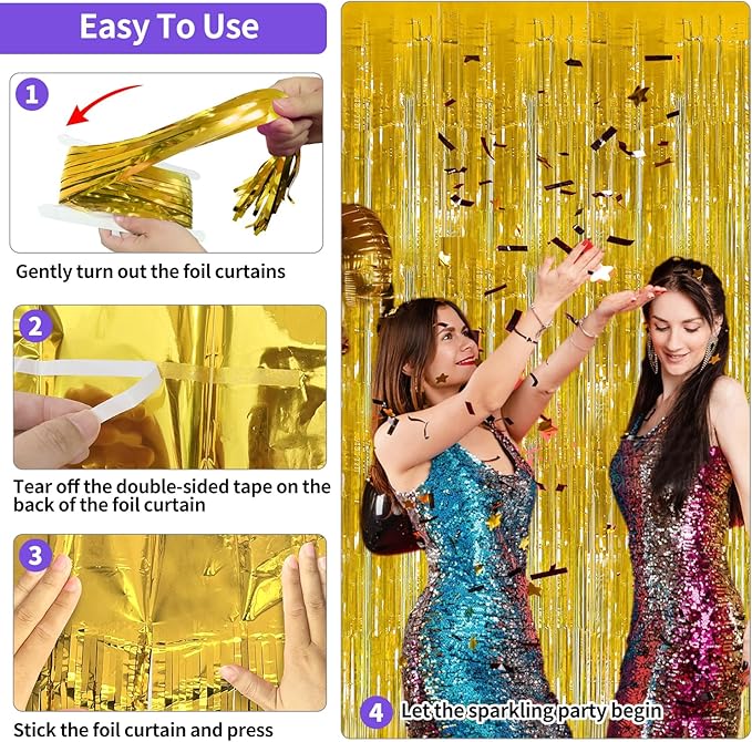 Gold Tinsel Backdrop Easter Decorations 3.3x8.2 ft, 2 Pack Foil Fringe Curtains for New Year, Photo Booth Props Door Streamers for St Patricks Day Birthday Thanksgiving Christmas Halloween Party