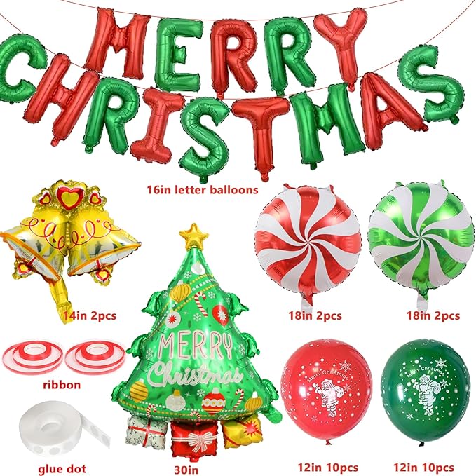 Outdoor Christmas Decorations Indoor, Christmas Ornaments with Merry Christma Balloons Banner with Candy Balloon, Small Bell Balloons, Tree Balloon for Christma Party Decorations