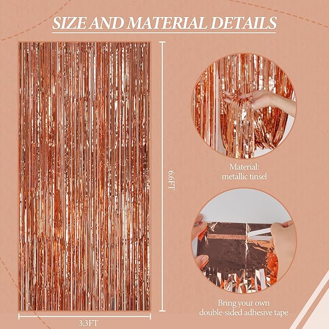 2 Pack Foil Fringe Backdrop - Rose Gold Shiny Tinsel Curtains for Party Decoration/Photo Booth Props - 3.3x6.6 FT Metallic Foil Backdrop for Birthday, Wedding, Graduation, Christmas.