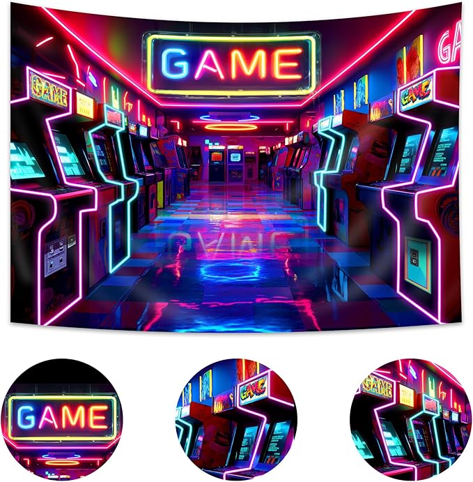 Imirell Arcade Game Neon Backdrop 7Wx5H Feet Retro Gaming Gamer Themed Colorful Glow Polyester Fabric for Kids Teen Boy Playroom Game Center Photography Backgrounds Photo Shoot Decor Props Decoration