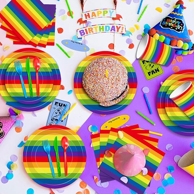 175 Pcs Rainbow Stripes Party Supplies Set - Serves 25, Colorful Disposable Plates, Cups, Napkins, Forks, Spoons, and Knives for LGBTQ+ Pride Month, Rainbow-Themed Birthday, Wedding Decorations