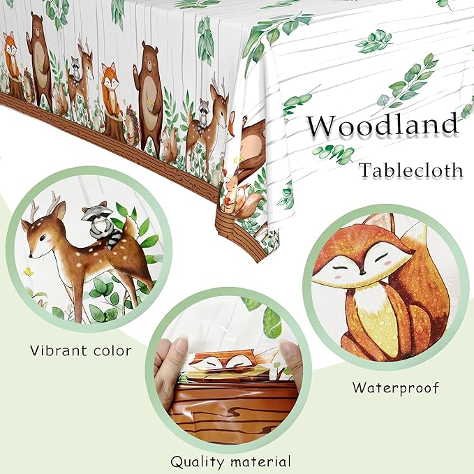 TREWAVE Woodland Animals Plastic Tablecloth Forest Wild Creatures Baby Shower Table Covers for Boy Girl Birthday Table Decoration Neutral Gender Reveal Decor Friendship Themed Party Supply 54" x 108"