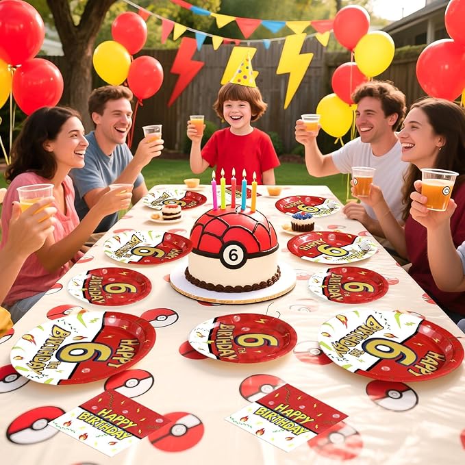 Grencian 96Pcs Happy 6th Birthday Party Supplies Cartoon Anime Themed Paper Plates and Napkins Tableware Sets Red and White Decoration for 6 Year Old Birthday Kids Children Party Serves 24