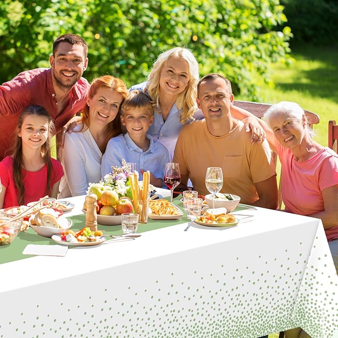 1Pcs White and Sage Green Tablecloth Decorations,Plastic White Table Cloth Printed Green Table Runner Disposable Rectangle Tables Cover for Birthday Wedding Anniversary Graduation Party,54 x108 Inch