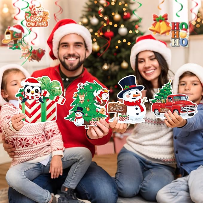 Christmas Decor Set: Banner & Hanging Swirls - for Home, Office, Classroom Indoor Christmas Party Decorations