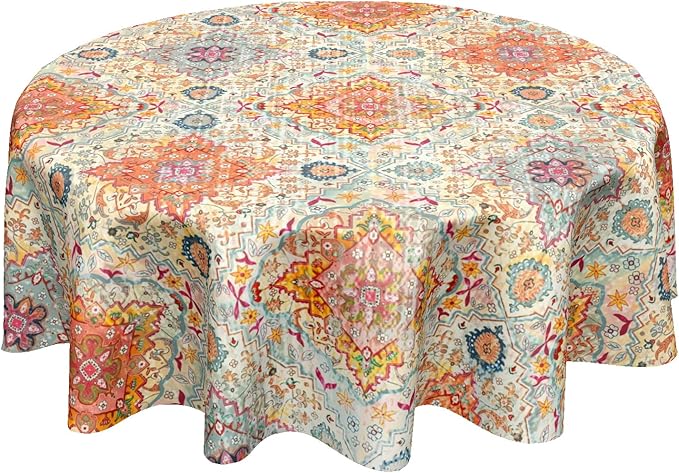 Boho Round Tablecloth Colorful Bohemian Circle Table Cloth 70 Inch Vintage Rustic Farmhouse Table Cover Washable Polyester Indoor Decorations for Home Kitchen Dinning Party