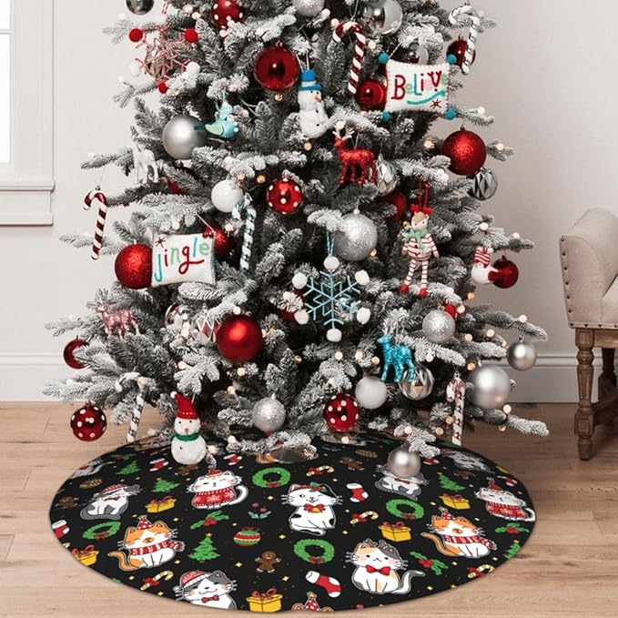 Funny Cats Christmas Tree Skirt, 30 Inch Xmas Tree Mat for Holiday Party Home Decor Indoor Outdoor Use with Adorable Cat Designs 36"
