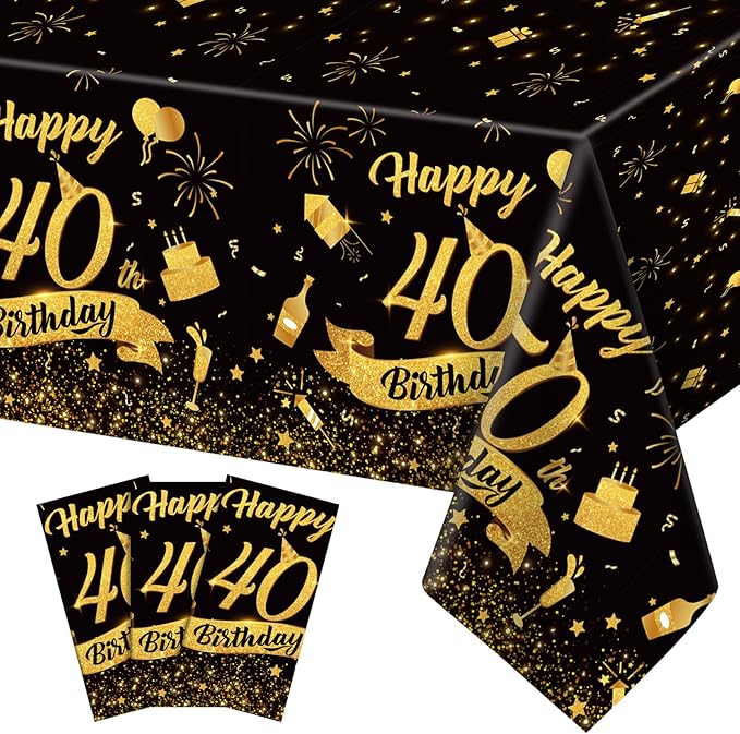 3 Pack 40th Birthday Plastic Tablecloth, 54x108 Inch Black Gold Disposable Rectangle Table Cover Waterproof Table Cloth for Birthday 40 Anniversary Party Supplies