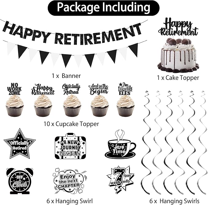 Holkcog Retirement Party Decorations, Black White Happy Retirement Banner Backdrop Paper Fan Hanging Swirls for Coworker, I'm Retired Cupcake Topper for Retiring Women Men Party Supply