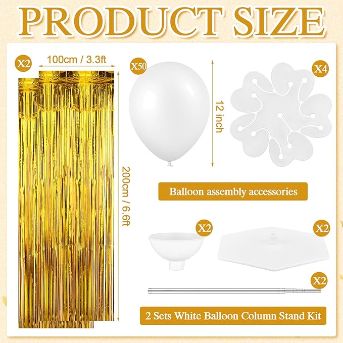 Gejoy 2 Set White and Gold Graduation Decorations Graduation Balloon Column Stand Kit with 50 Balloons 2 Gold Foil Fringe Backdrop Curtains 2 Adjustable Tower Stand with Base for 2026 Grad Party Decor