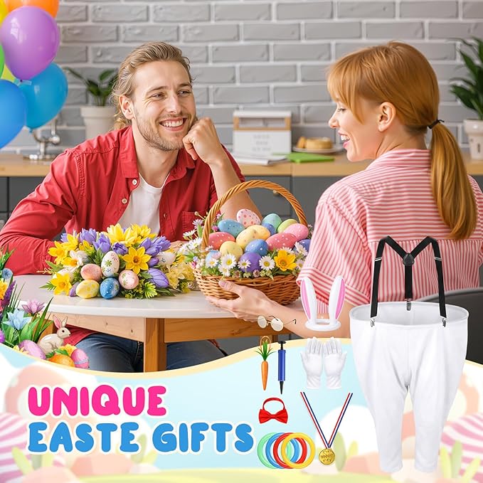 Vinsot 16 Pcs Easter Granny Pants Yard Game Set Oversized Granny Pants with Colorful Easter Eggs, Bowtie, Bunny Ears and Tail, Outdoor Tossing Game Bunny Suit for Spring