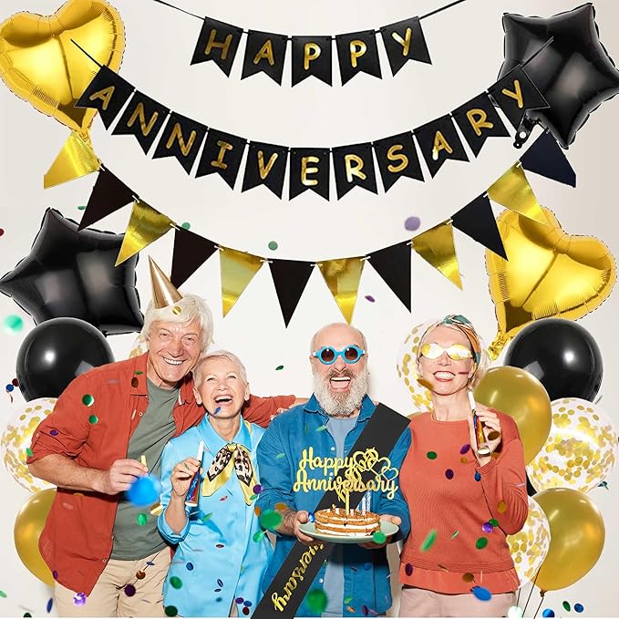 Happy Anniversary Decorations Kit - 26 Pcs Black Gold Birthday Banner Supplies Cake Topper Foil Latex Ballons Glitter Shoulder Strap Decor for Men and Women Wedding Party Decoration