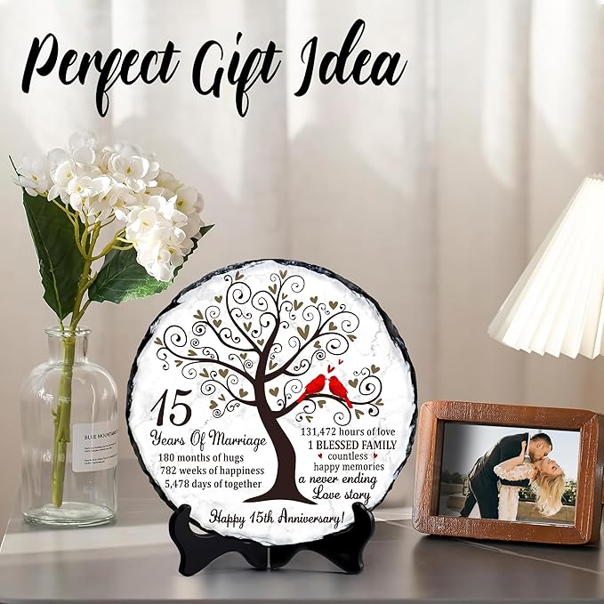 15th Wedding Anniversary Slate Plate – Crystal Anniversary Wedding Gifts for Couple or Parents – Unique 15 Years of Marriage Celebration Decoration – 5.9 inches Plaque, Keepsake