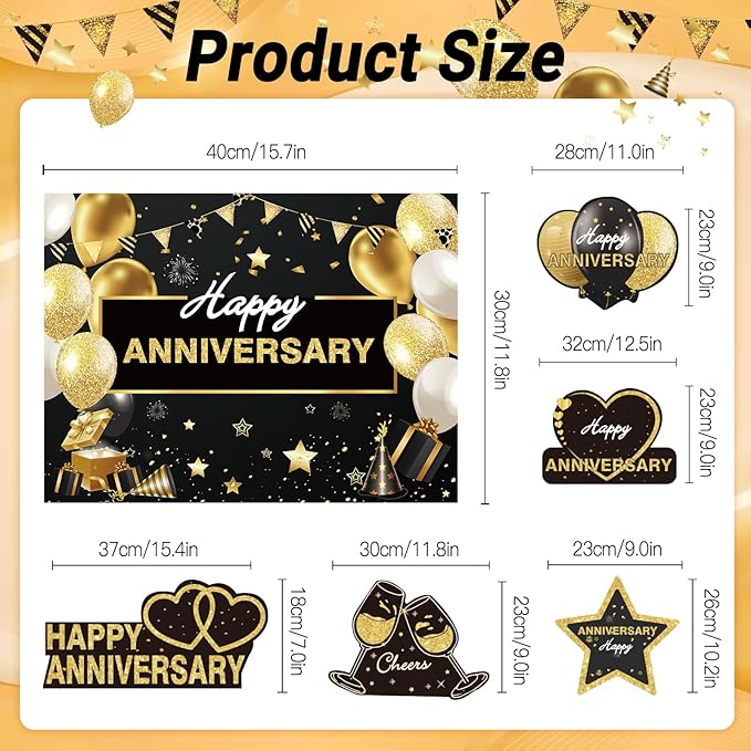 6pcs Happy Anniversary Wedding Yard Sign Decorations Outdoor, Gold Black Lawn Yard Sign with Stakes and for Married Men Women Wedding Birthday Decor Outdoor Party Supplies