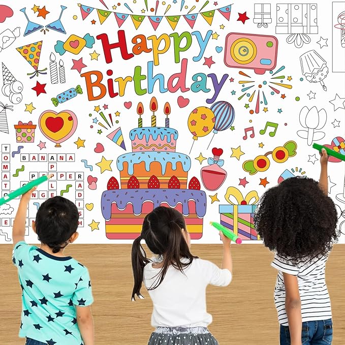 30x72 Inches Happy Birthday Giant Coloring Poster, Drawing Paper Coloring Tablecloth, Birthday Activity Poster/Table Cover, Party and Special Events Decoration, Party Games for Kids