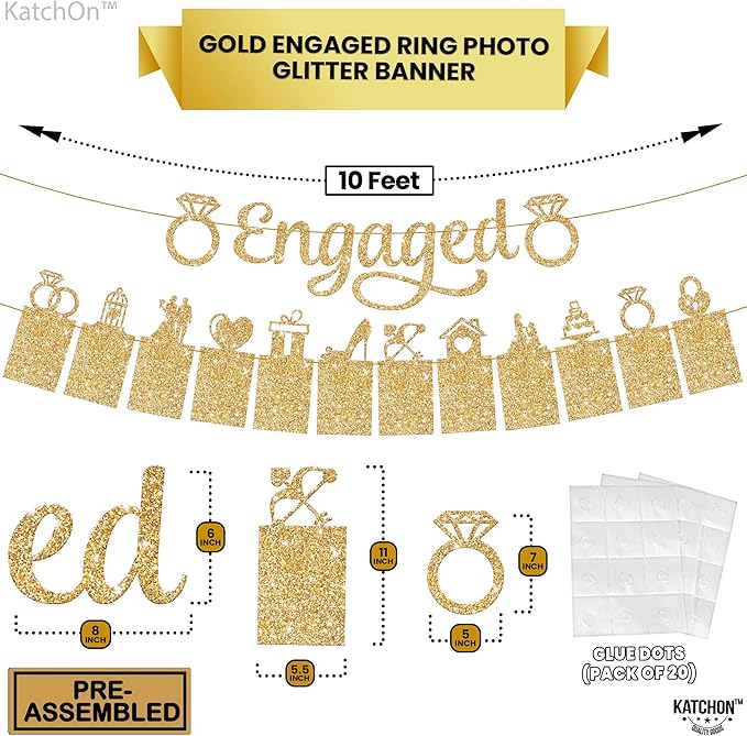 KatchOn, Gold Glitter Engaged Photo Banner - 2 String, 10 Feet, No DIY | Gold Engagement Party Decorations | Engagement Photo Banner for Bachelorette Party Decorations | She Said Yes Decorations