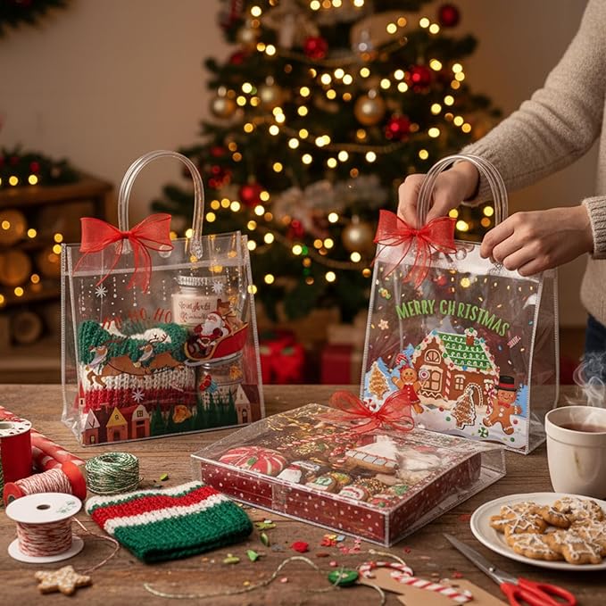 Henoyso 24 Pcs Christmas Village Clear Gift Bags Plastic Candy Treat Goodie Bags Gingerbread Santa PVC Wrap Totes with Handles and Ribbon Xmas Party Favors, 7.8 x 7.8 x 3.1 Inch