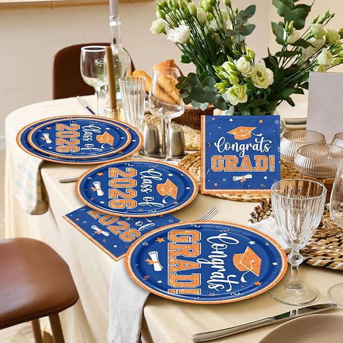 Orange and Blue Graduation Decorations, 200pcs Orange Graduation Plates and Napkins Class of 2026 Plates for Graduation Party Supplies,Serve 50