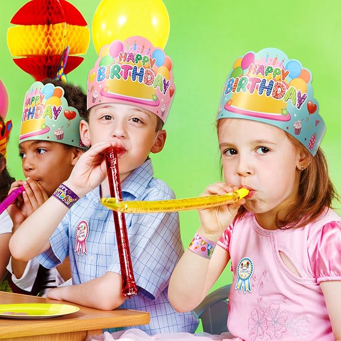 Yunsailing 108 Pcs Happy Birthday Party Supplies for Kids Include 36 Birthday Paper Crowns 36 Badge Stickers and Slap Bracelets for Classroom School Party Supply(Fresh Color)