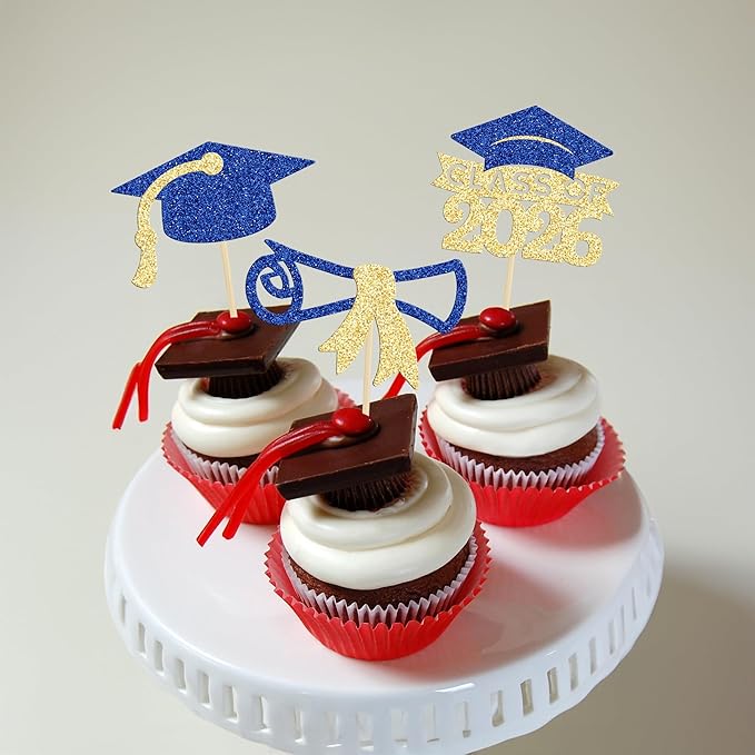Gyufise 24Pcs 2026 Graduation Cupcake Toppers Glitter Class of 2026 Cupcake Picks Diploma Graduation Cap Cake Decorations for Theme Party Supplies Gold Blue