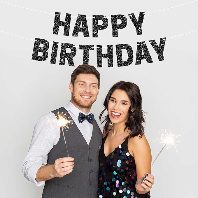 Pre-strung Happy Birthday Banner - No DIY - Black Glitter Birthday Party Banner - Pre-strung Garland on 8 ft Strands - Black Bday Party Decorations & Decor for Men & Women. Did We Mention No DIY