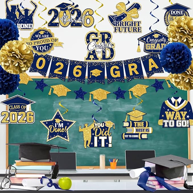 Navy Blue Graduation Decorations, 2026 Grad Banner and Congrats Grad Hanging Swirls, Navy Blue and Gold Graduation Banner Graduations Hanging Swirls College Graduations Party Decoration Class of 2026